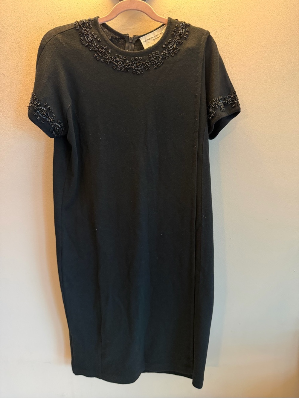 Vintage Adrienne Vittadini Beaded Wool Knit Shift Dress Black Short Sleeve L